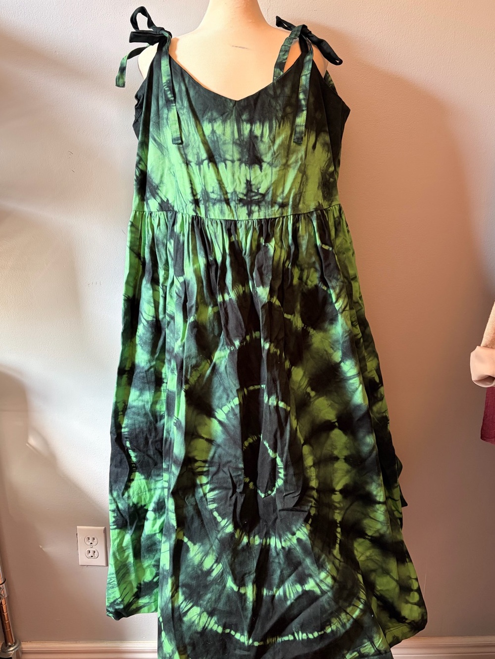 Lazy Oaf Green & Black Tie-Dye Maxi Dress with Tie Straps